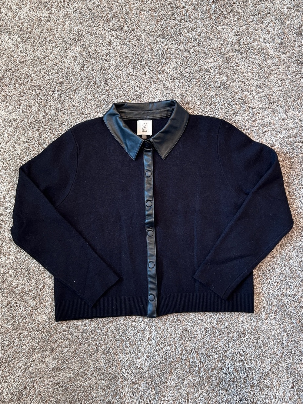 Sioni Milano Black Button-Front Cardigan Sweater with Faux Leather